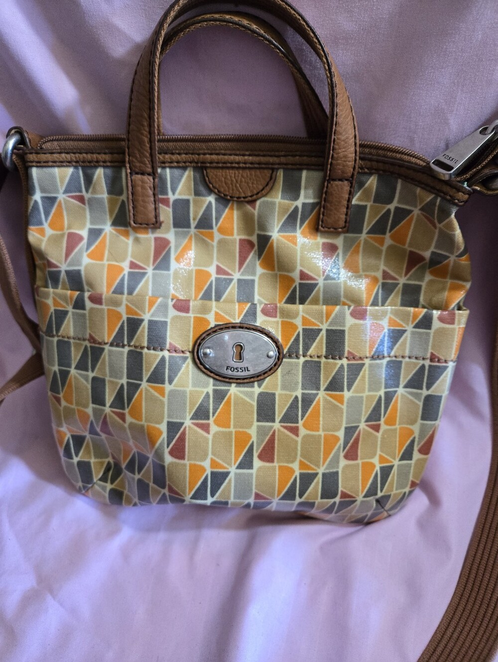 Fossil Key-Per Geometric Tote in Yellow, Orange, Gray and Brown